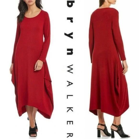 Bryn Walker Chelsea Long‎ Sleeve Maxi Dress Red Small Lagenlook Asymmetrical - Picture 1 of 7
